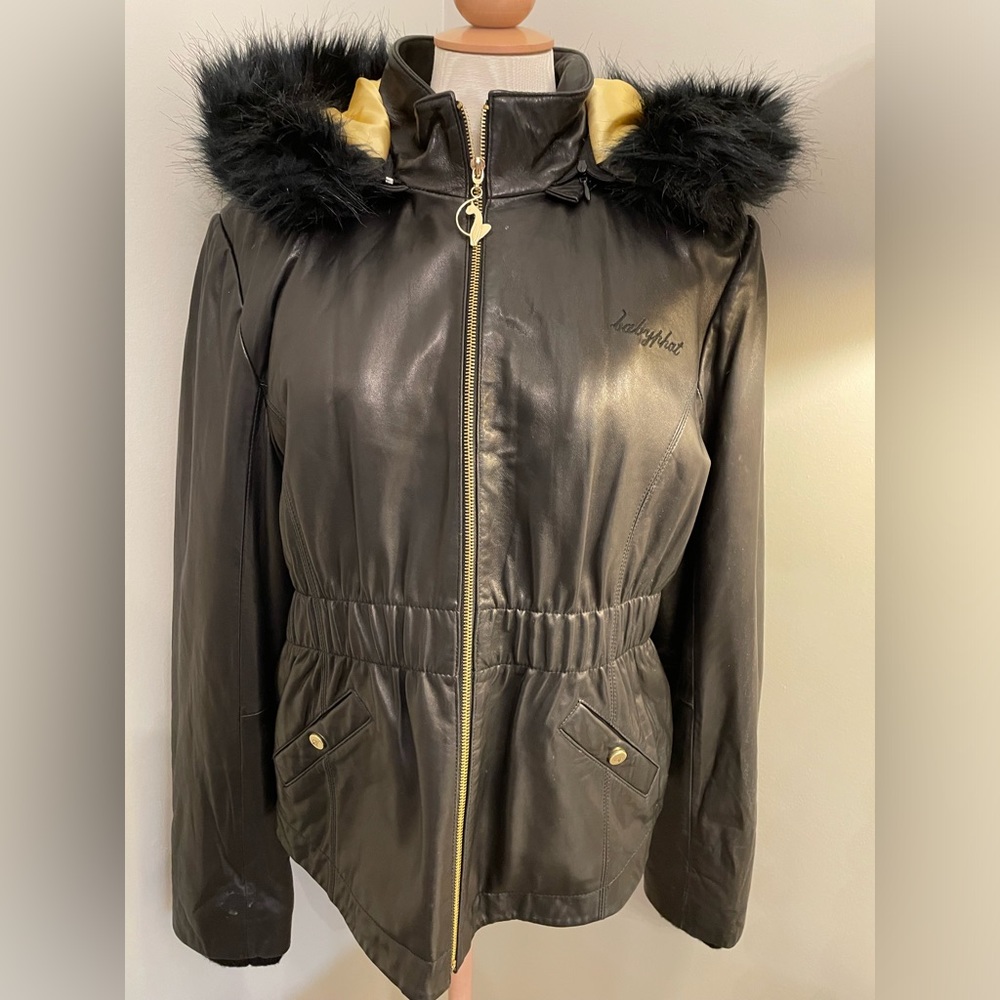 Black Faux-Leather Hooded Jacket with Faux-Fur Trim